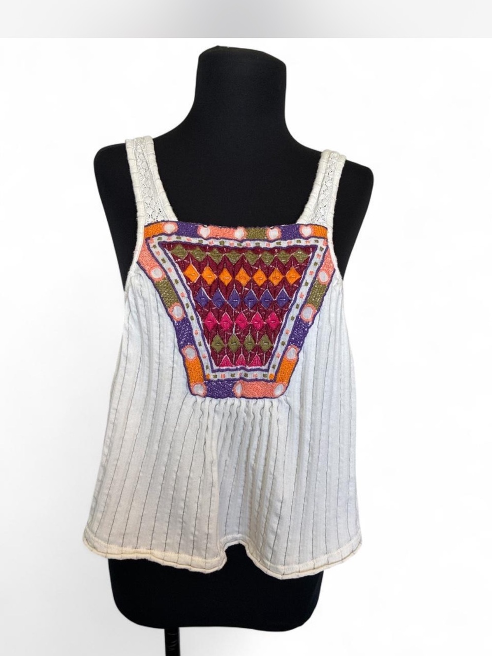 Urban Outfitters White Ribbed Tank with Multicolor Embroidered Panel